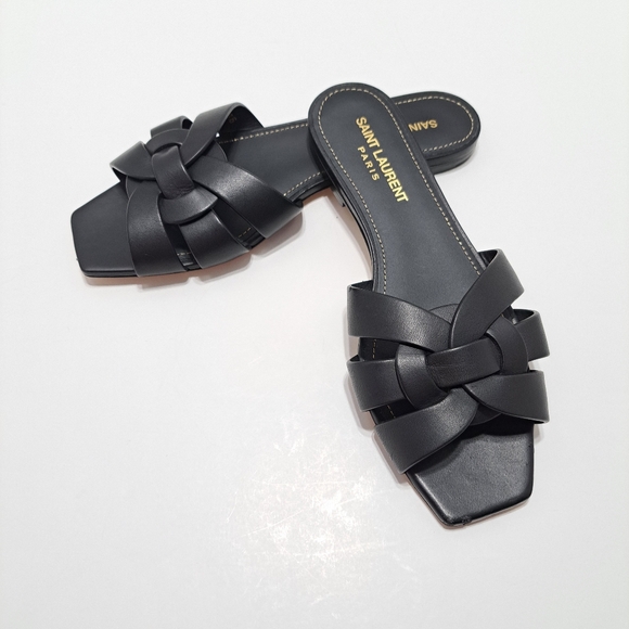 Saint Laurent YSL Women’s Black Leather Tribute Flat Slip On Slides Sandals  5.5 - Picture 1 of 16